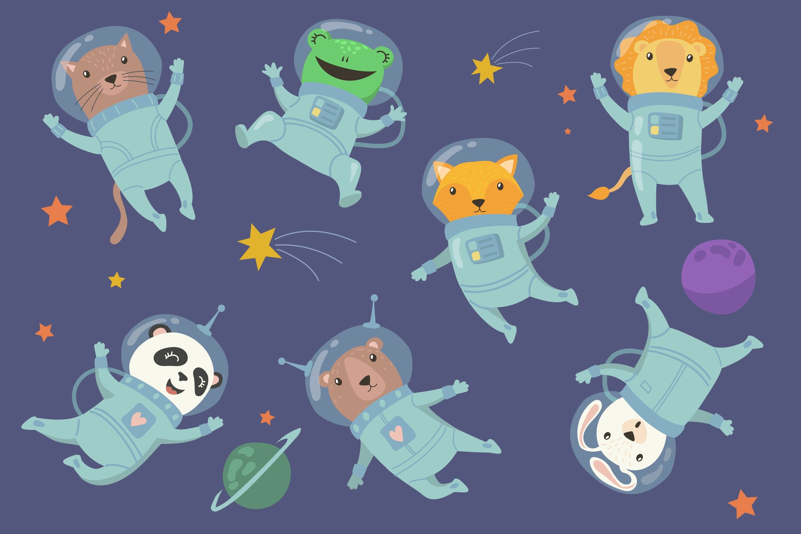Cartoon animals in space including a panda in a cosmonaut costume