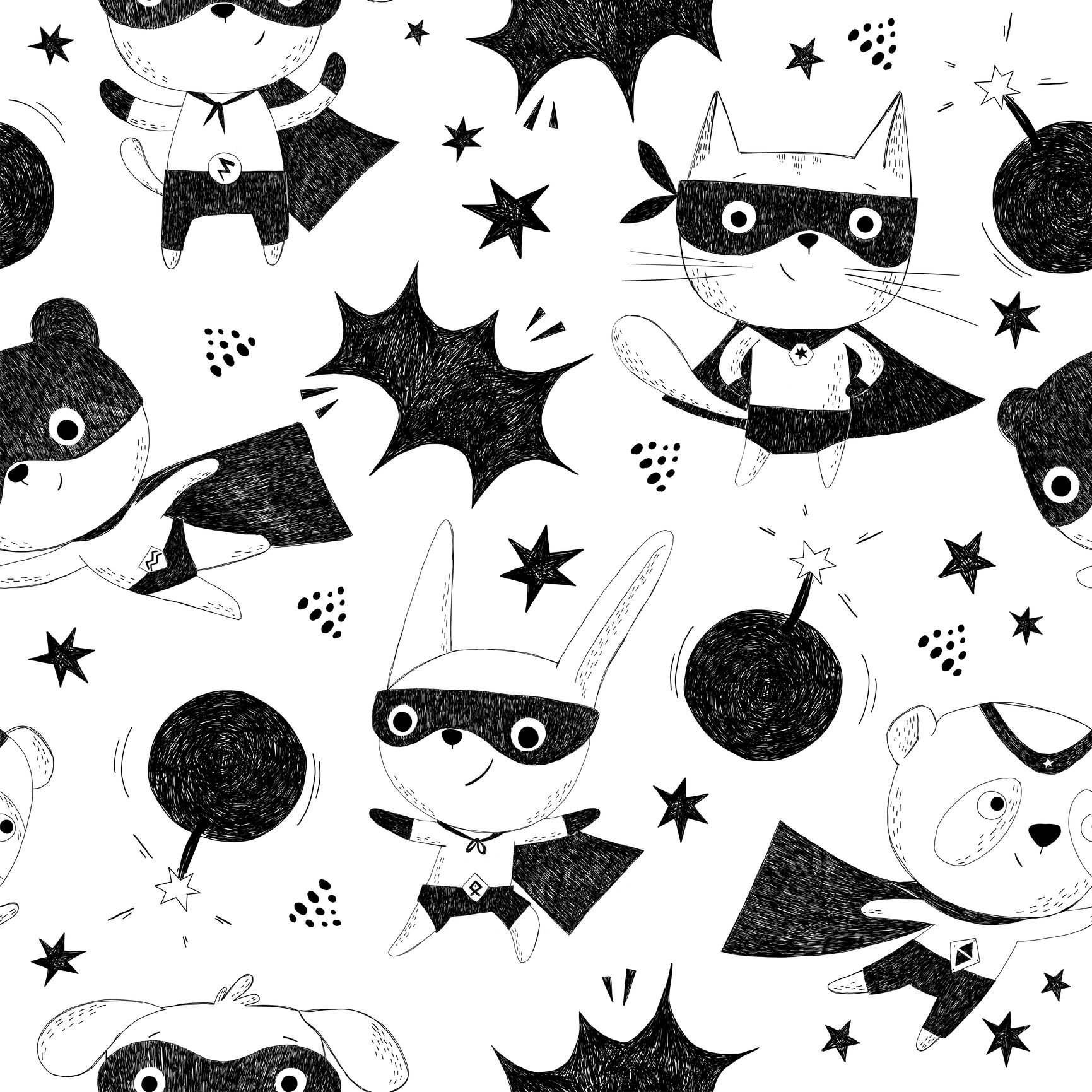 Hand-drawn superhero animals pattern including a panda