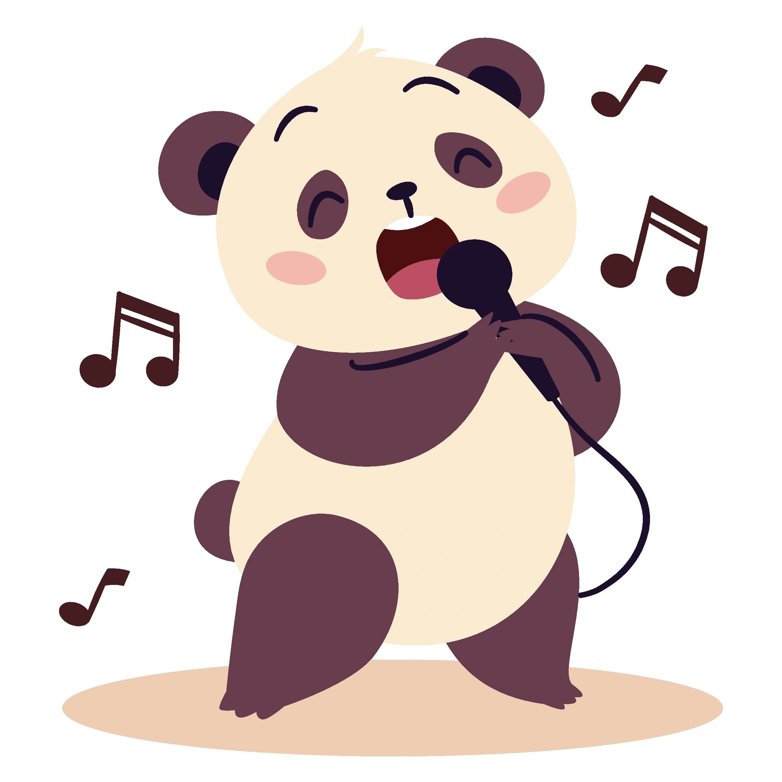 Cute panda singing into a microphone with music notes